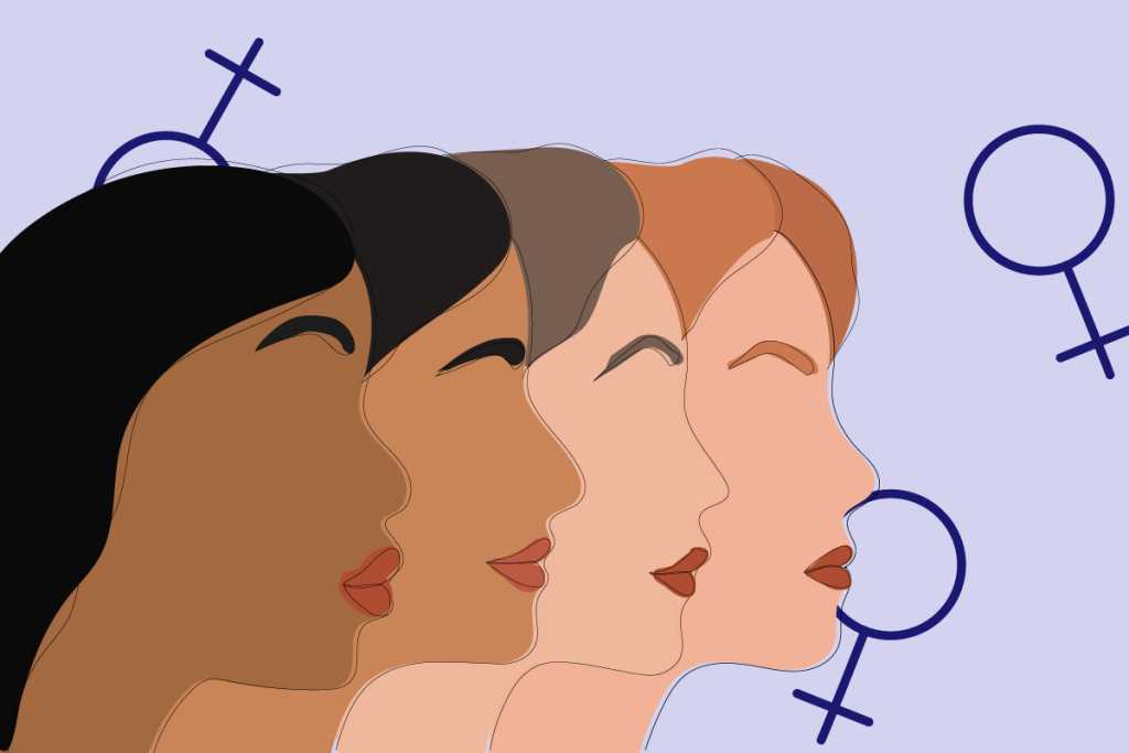 Outline of four women's faces with different skin tones
