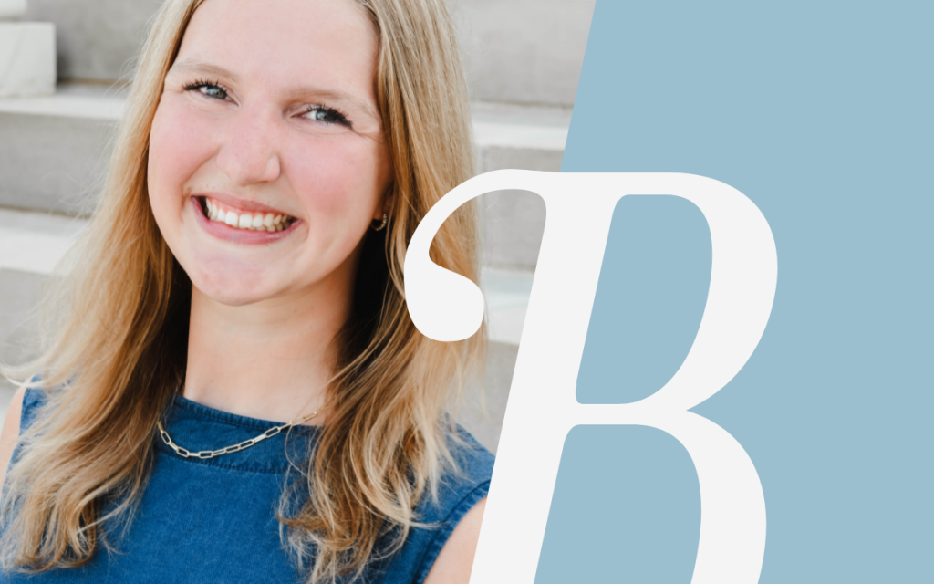 Bridgette Bauer headshot with Bellwether "B" icon and light blue background